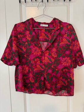 Zara Pink and Red Floral Button-Down Top